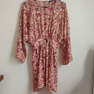 MINKPINK | Pink + Cream Floral Bell-sleeve Dress | S | EUC